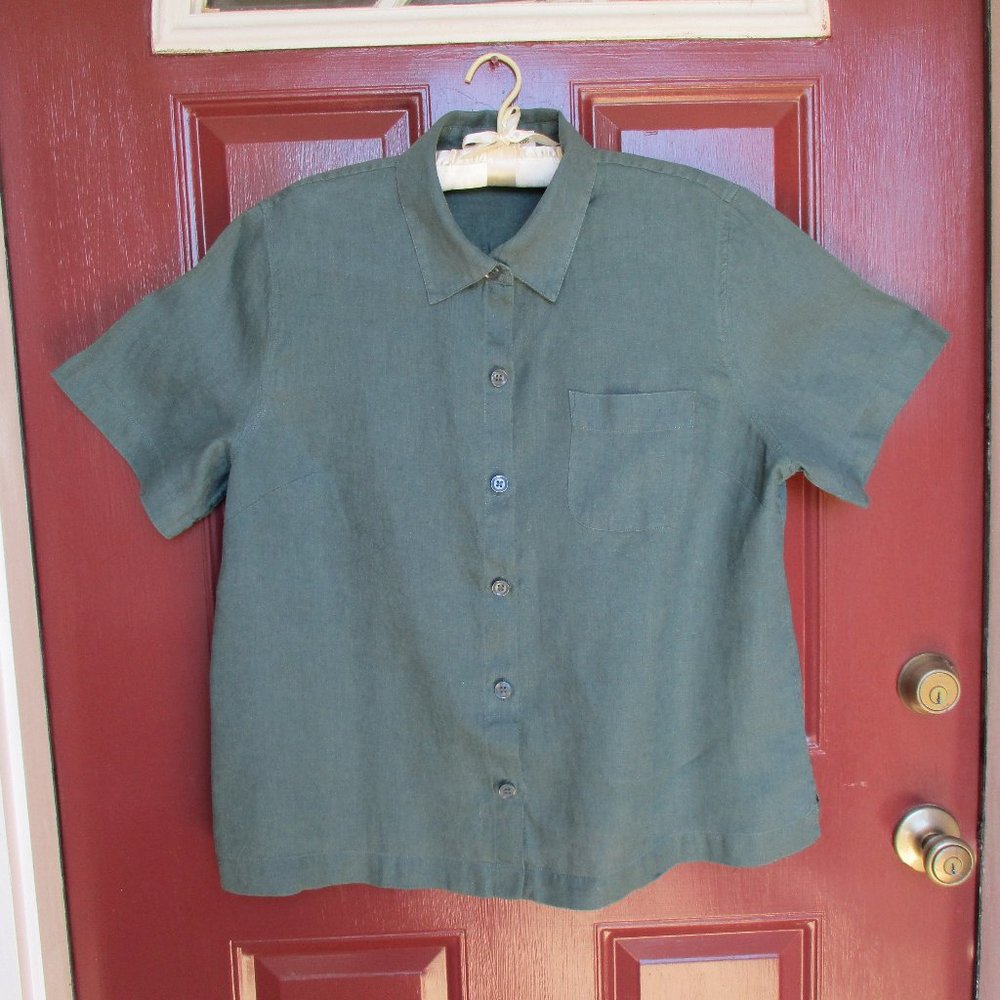 Coldwater Creek Linen Shirt Petite XL Dark Green